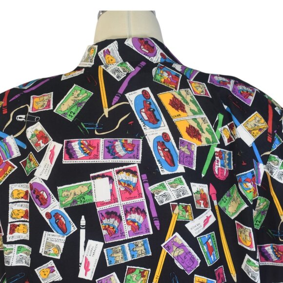 Vintage Early 90s Rayon Postage Stamp Print Blouse Shirt Novelty Print L - Picture 4 of 8